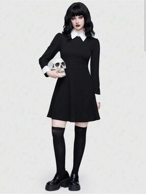 Wednesday Costume - Black Dress with White Collar and Cuffs - Large
